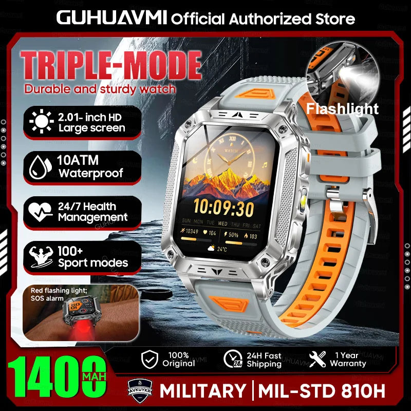 2026 New Military outdoor 1400mAh Battery SmartWatch Men Waterproof Call 2.01" HD AMOLED Sports Heart rate Flashlight Smart Band
