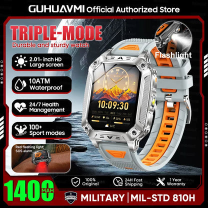 2026 New Military outdoor 1400mAh Battery SmartWatch Men Waterproof Call 2.01" HD AMOLED Sports Heart rate Flashlight Smart Band