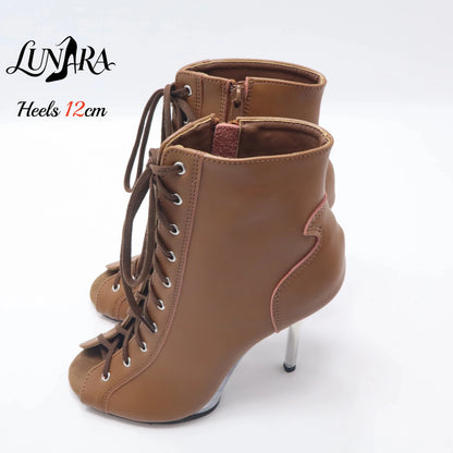 12cm/5Inch Plus size Beige PU Leather Lace-up Side zipper Peep toe High Stilettos Ankle boot Pole dancing Nightclub Rave Parties