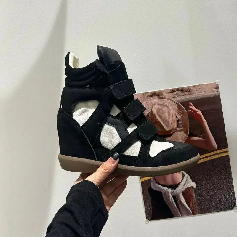 Women's Ankle Boots 2026 New Genuine Leather 8CM Hidden Heel Women Platform Sneakers Fashionable Splice Color Design Women Shoes