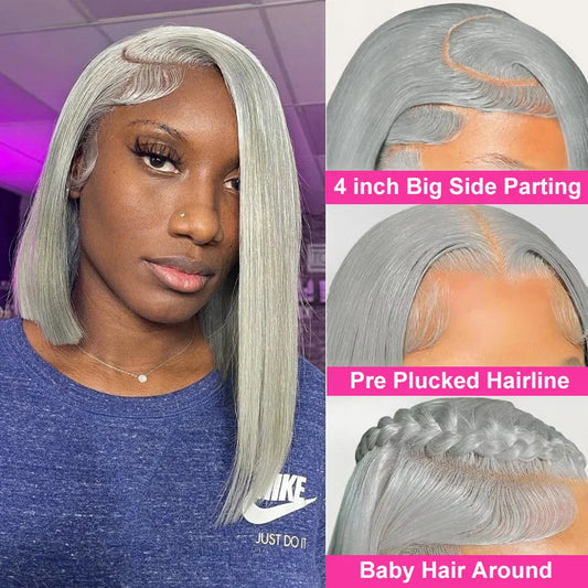 Silver Grey Lace Front Short Bob Wig Grey Colored Straight 13x4 HD Lace Front Wigs Human Hair 10 12 14 16 Inch For Black Women