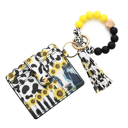 Bull Silicone Beads Bracelet Pu Leather Purse Leopard Print Tassel Cow Wallet Keychain Silicone Beaded ID Card Holder Keychain
