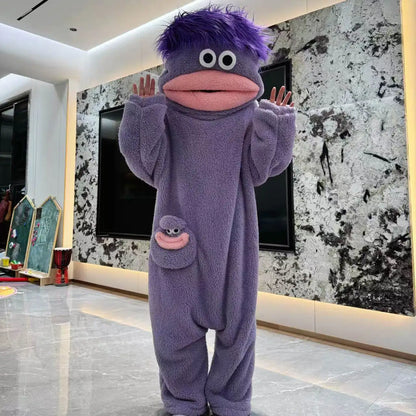 Cute Big Mouth Monster Onesie Pajamas Thick Coral Fleece Homewear Funny Couple Sleepwear for Men Women Autumn Winter Lounge Wear