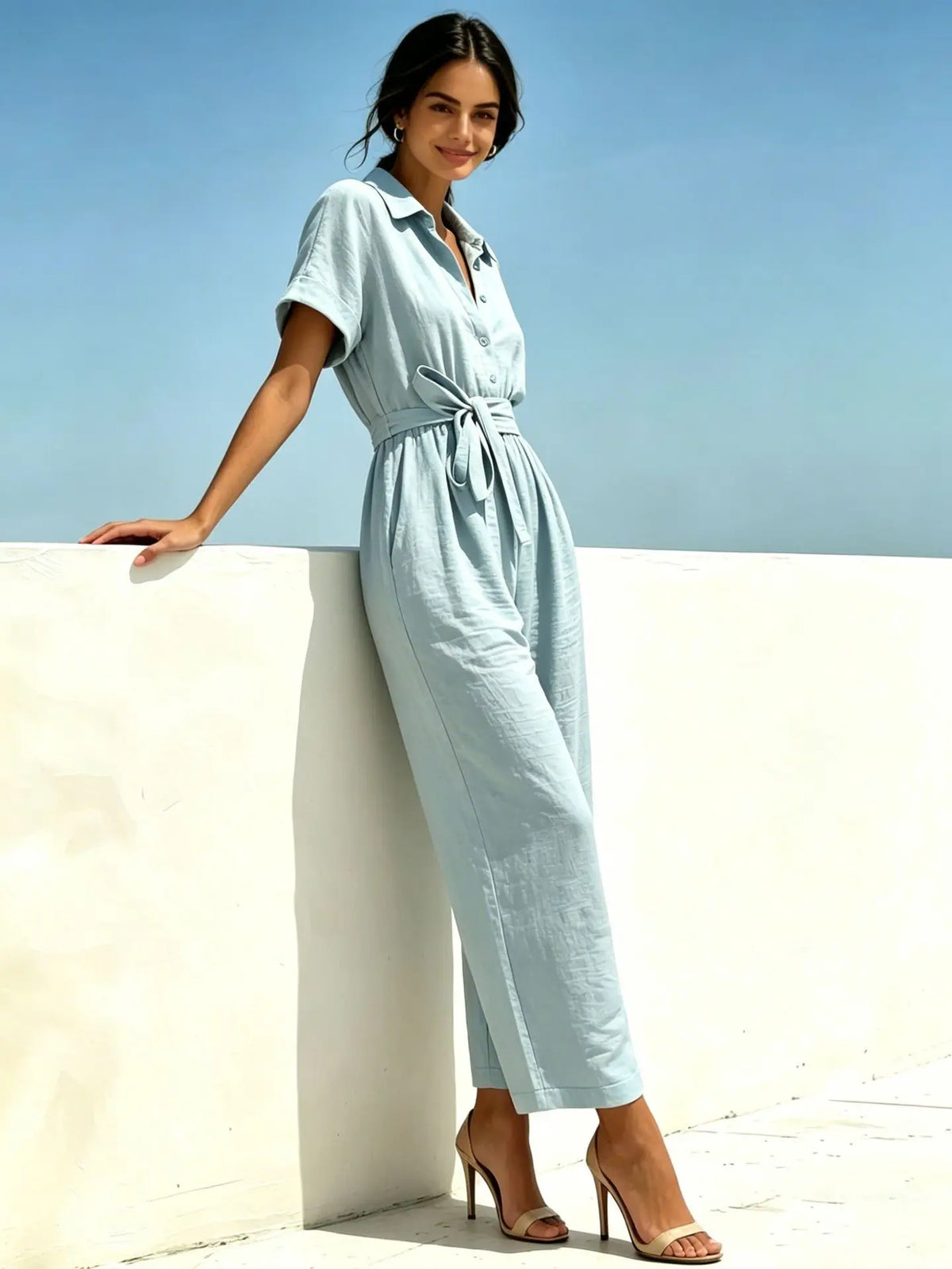 2026 Women's Shirts And Jumpsuits Fashion V-neck Lace Up Wide Legs Summer Casual Resort Female Short Sleeve Rompers Shirts Pants