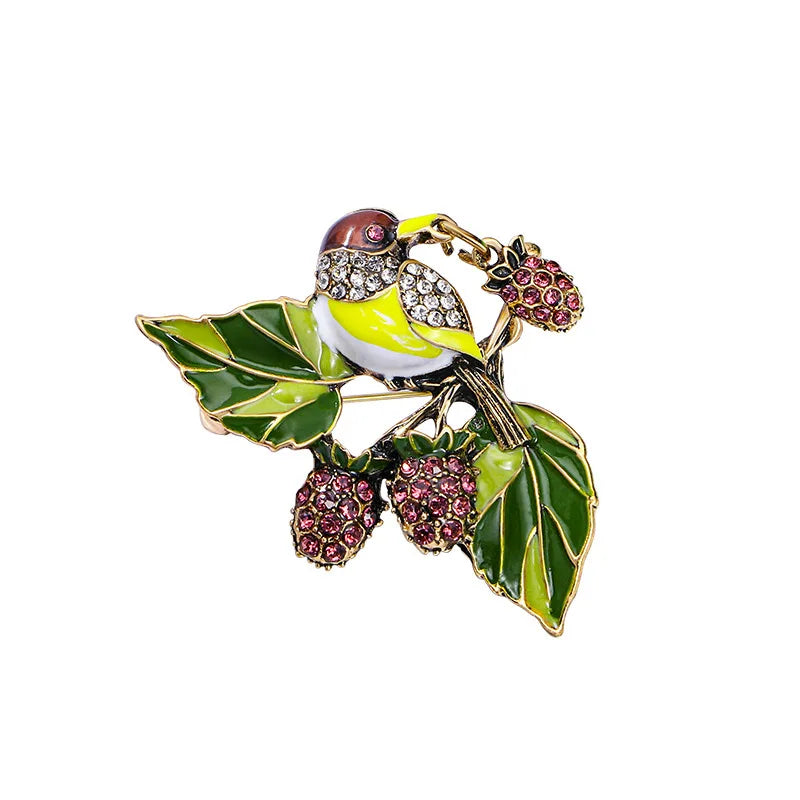 Fashion Magpie Brooch Cute Bird Flower Enamel Rhinestone Corsage Pin Clothing Accessories Jewelry