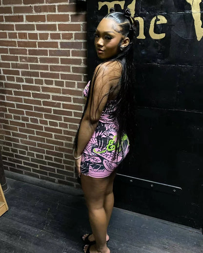 Stylish Lady Tiger Letter Printed Dress 2025 Summer Women Strapless Bodycon Hot Girl Sexy Club Party Street Mini Vestidos Festa