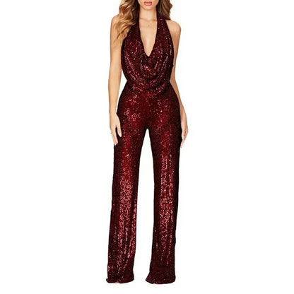 Sequins Sexy Jumpsuits Women Halter Fashion Summer Party Elegant Sleeveless Female New High Waist Street Straight Rompers