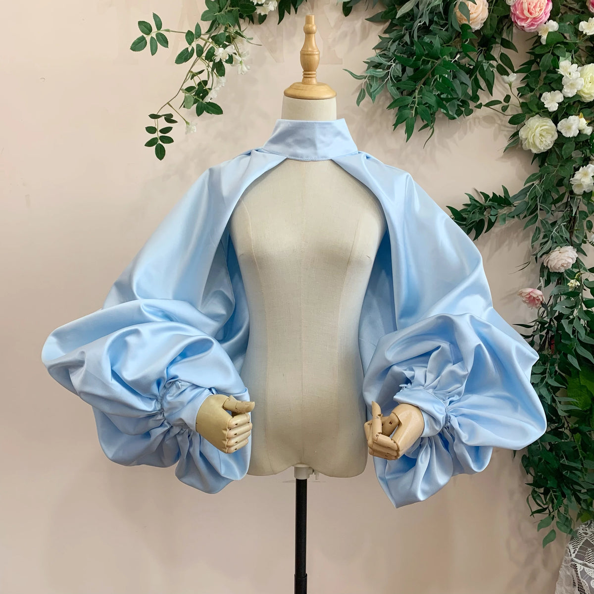 Puffy Sleeves Satin Bolero Topper Blouse Cover Arms Fashion Green Jacket Cloak Short Shawl High Neck With Buttons Customize