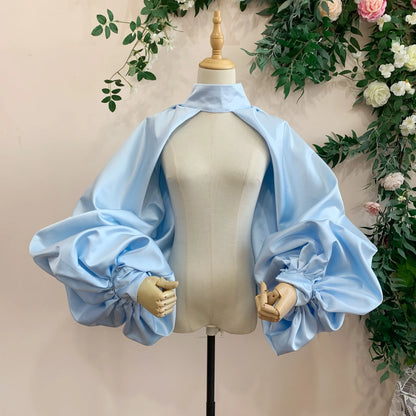 Puffy Sleeves Satin Bolero Topper Blouse Cover Arms Fashion Green Jacket Cloak Short Shawl High Neck With Buttons Customize
