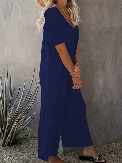 Plus Size 0XL-5XL Summer Rompers Overalls Women's Solid Color Jumpsuit with Pockets Casual Fashion Short Sleeve Jumpsuits