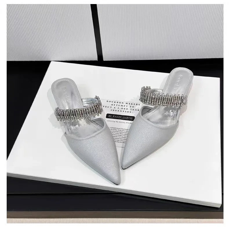 Luxury Crystal Women Slippers Pointed Toe Mules Shoes Elegant Heeled Sandals New Party Slingabck Flip Flops Elegant Mujer Shoes