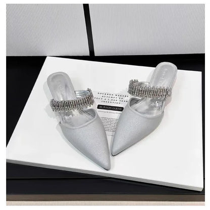 Luxury Crystal Women Slippers Pointed Toe Mules Shoes Elegant Heeled Sandals New Party Slingabck Flip Flops Elegant Mujer Shoes