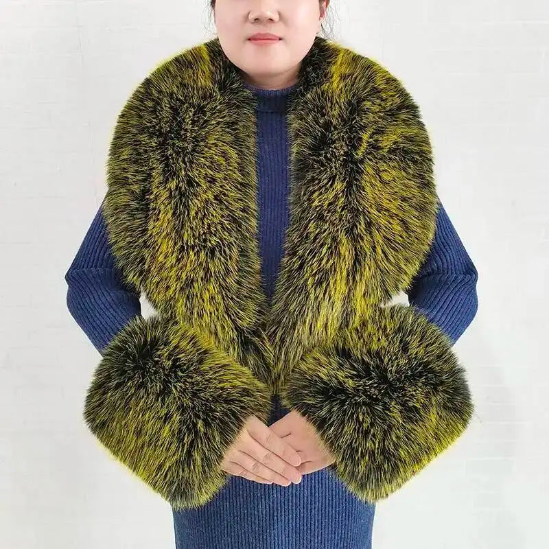 Large Women Faux Fox Fur Scarf Winter Jackets Warm Fluffy Shawl Fashion Artificial Fur Collar And Cuff Set Fluffy Scarves Female