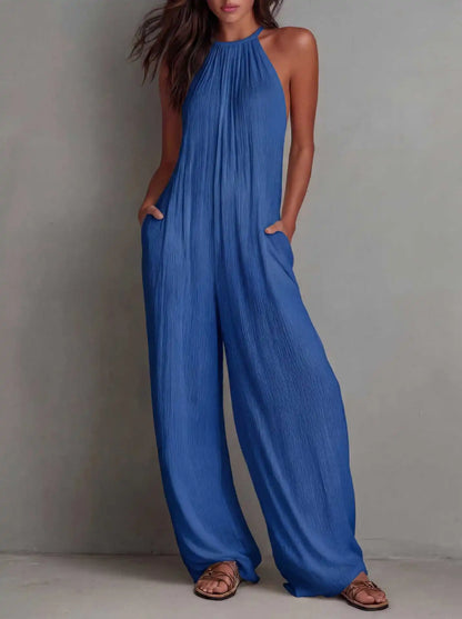 Women's Halter Sleeveless Jumpsuit New Beach Vacation Textured Overalls with Pockets Wide Leg Romper Casual Spring Summer Outfit
