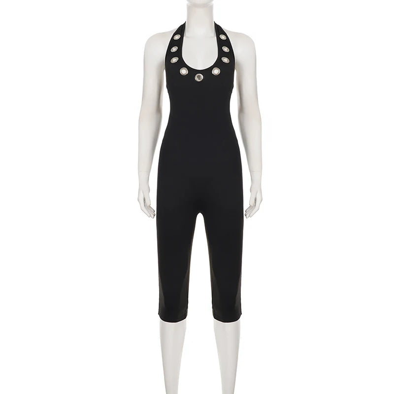Women's Sleek Black Halter Jumpsuits With Eyelet Detailing Form-Fitting Capri Length Design Chic And Minimalist Summer Outfits