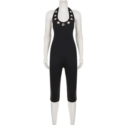 Women's Sleek Black Halter Jumpsuits With Eyelet Detailing Form-Fitting Capri Length Design Chic And Minimalist Summer Outfits