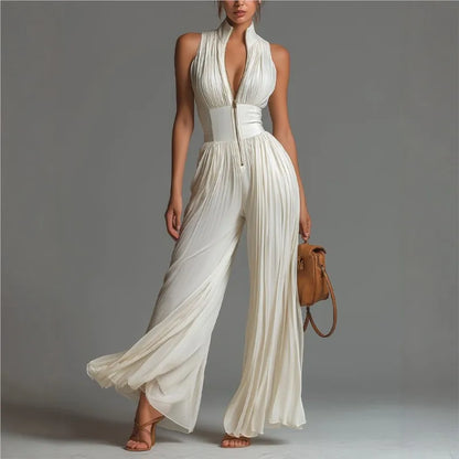 Sexy Deep V Neck Hollow Zip Jumpsuit Women's Spring Solid High Waist Wide Leg Romper Summer Sleeveless Pleated Vacation Overalls