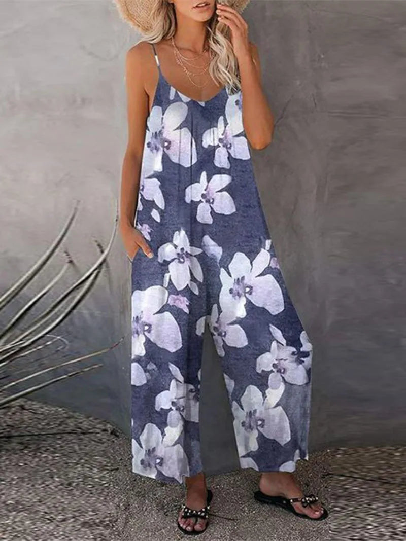 Summer New Women's Printed Casual Sleeveless Loose Wide Leg jumpsuit