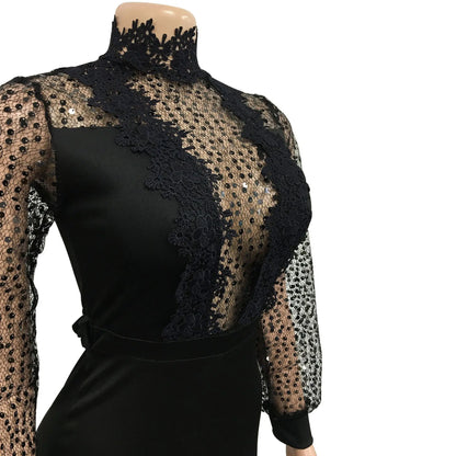 HBLL Women Sequin Lace Jumpsuit Elegant Long Sleeve Wide Leg Pants Sexy See Through Evening Party Outfits Jumpsuits With Belt