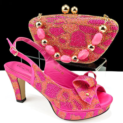 Nigeria Design Open Toe High Heels & Bag Set Gold Color Blocking Hot Rhinestones Fashion Sexy High Heels