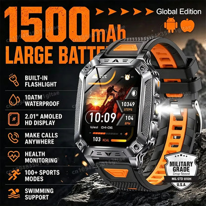 2026 New Military Smart Watch Men 3ATM Outdoor Sports Fitness Tracker Blood Pressure Health Monitoring BT Call GPS Smartwatch