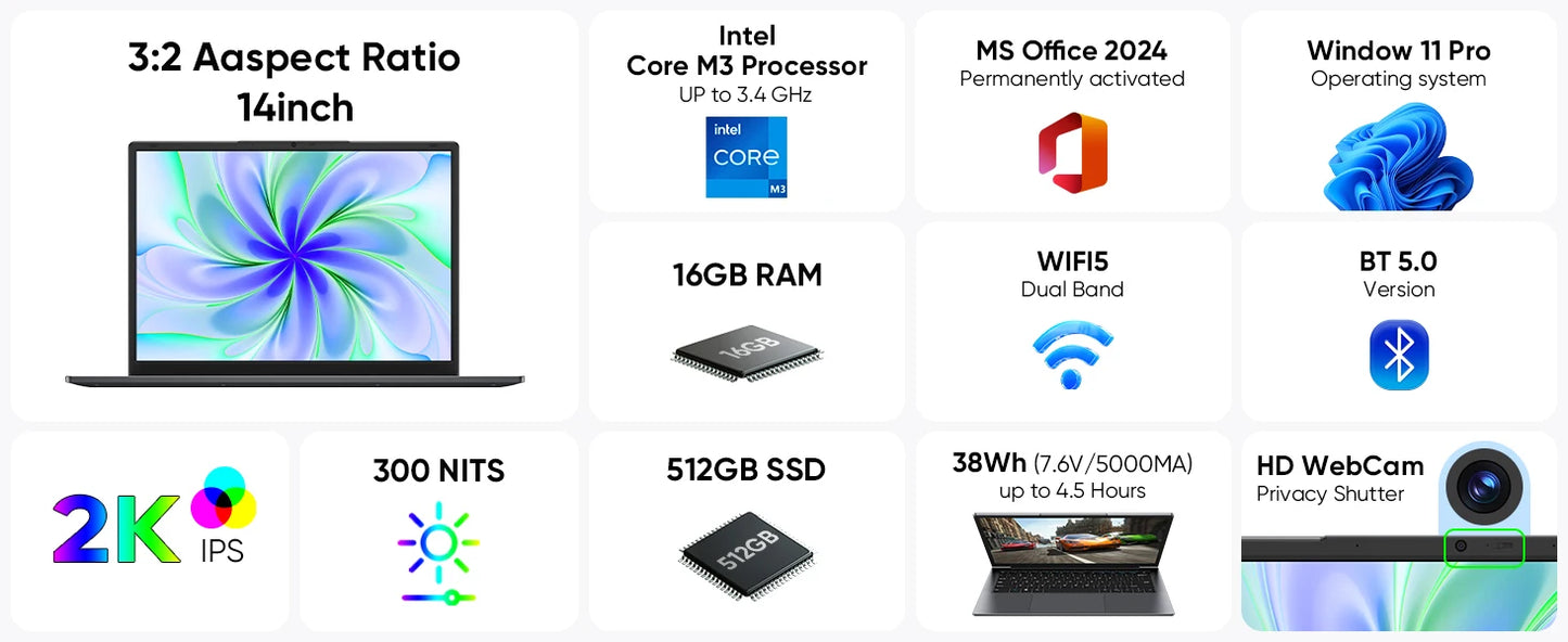 Windows 11 Pro Laptop with 14.1" 2K Screen, 16GB RAM, 512GB SSD, Intel Core Processor, Ultra-Thin and Light Notebook