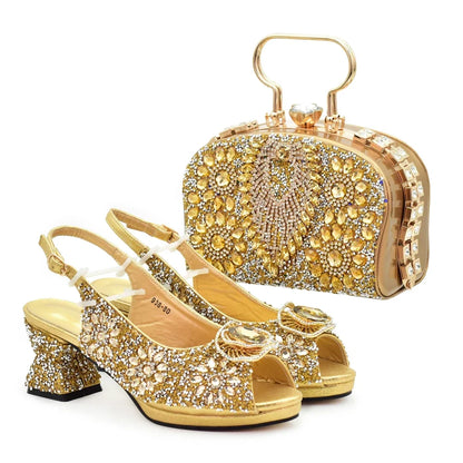 Popularity Peep Toe Heels for Women 2025 Elegant Party Full Diamond Pumps Italian Shoes and Bags Matching Set Bridal Shoes