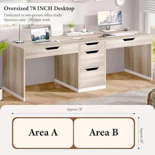 Two Person Desk with 5 Drawers, Double Desk with Storage for 2 People, 78 Inch Extra Long Computer Desk Workstation