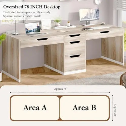 Two Person Desk with 5 Drawers, Double Desk with Storage for 2 People, 78 Inch Extra Long Computer Desk Workstation