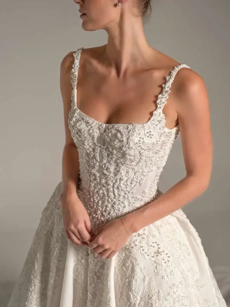 Customized 2026 Square Neck Beaded Lace Wedding Dresses with Spaghetti Strap For Women Bride Dresses vestidos de novia
