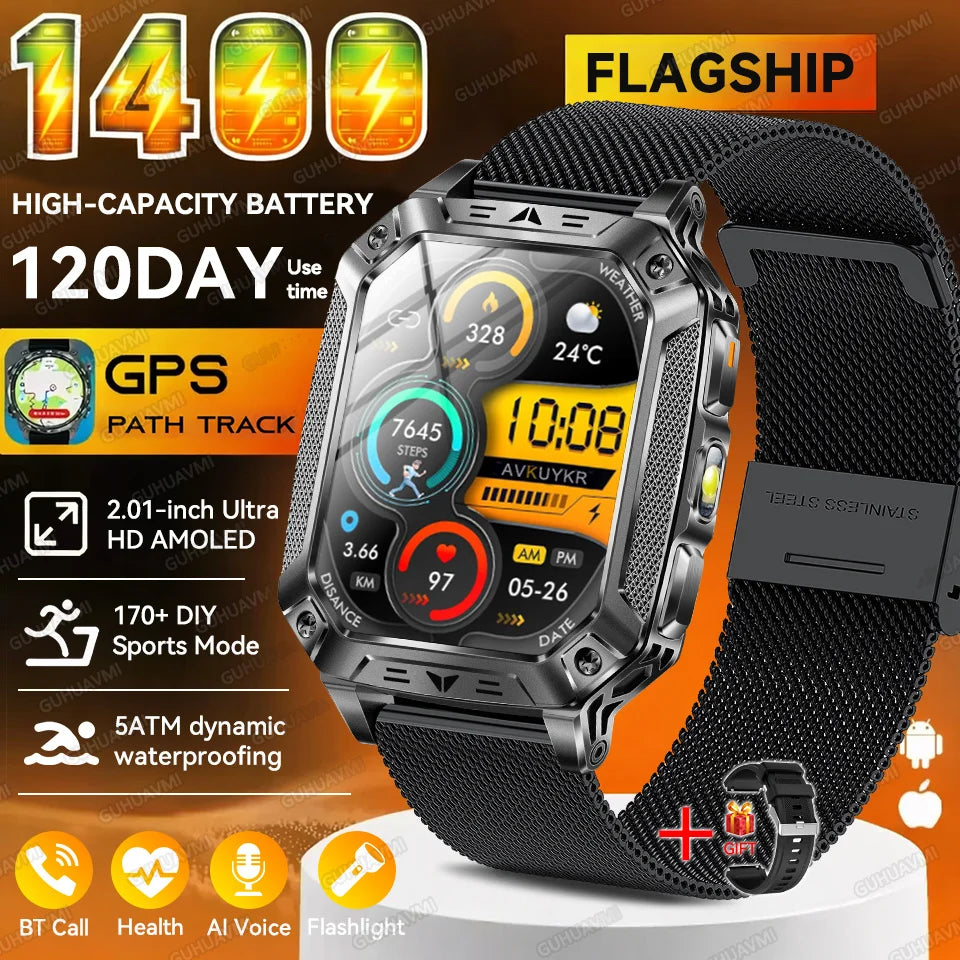 2026 New Outdoor GPS Smart Watch 1400mAh High Capacity Battery 2.01" Sapphire Screen 10ATM Waterproof Dual-color Lamp Smartwatch