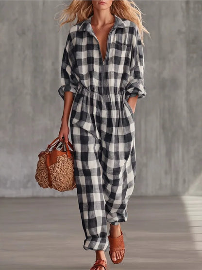 Women Plaid Jumpsuit Lapel Collar Zip Elastic Waist Loose Long Jumpsuits Ladies Casual Checkered Holiday Overalls With Pockets