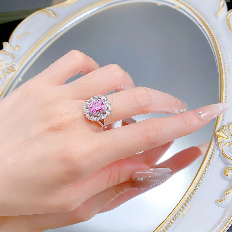 Luxury 18K white Solid Platinum PT950 certifid rectangular 6*8mm pink sapphire culture ring with multi-shaped diamond surround