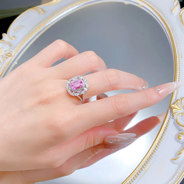 Luxury 18K white Solid Platinum PT950 certifid rectangular 6*8mm pink sapphire culture ring with multi-shaped diamond surround