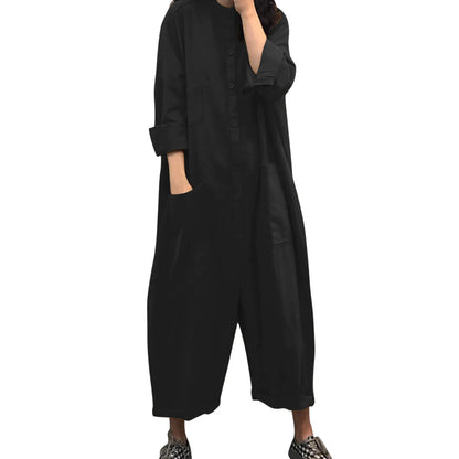 Solid Color Casual Loose Pocket Jumpsuit Women New Fall Simple Long Sleeve Shirt Female Vacation Rompers Fashionable Streetwear