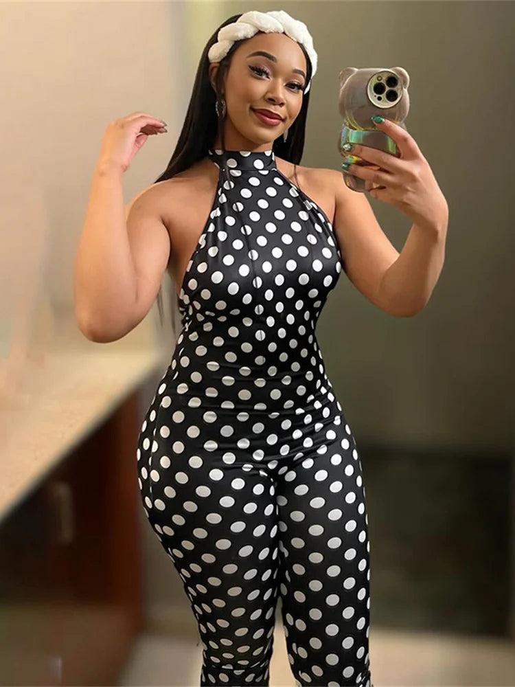 Kliou Sexy Backless Playsuits Woman Polka Dot Print Bandage Halter Off Shoulder Skinny Peach Buttocks High Street Style Rompers