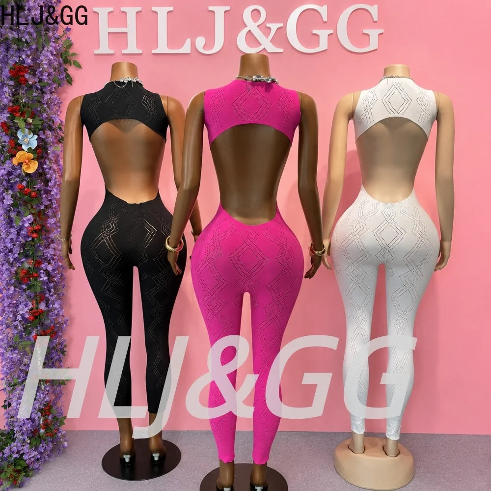 HLJ&GG Sexy Knitting Hollow Stretchy One Piece Jumpsuits Women Sleeveless Backless Slim Playsuits Female See Though Club Overall
