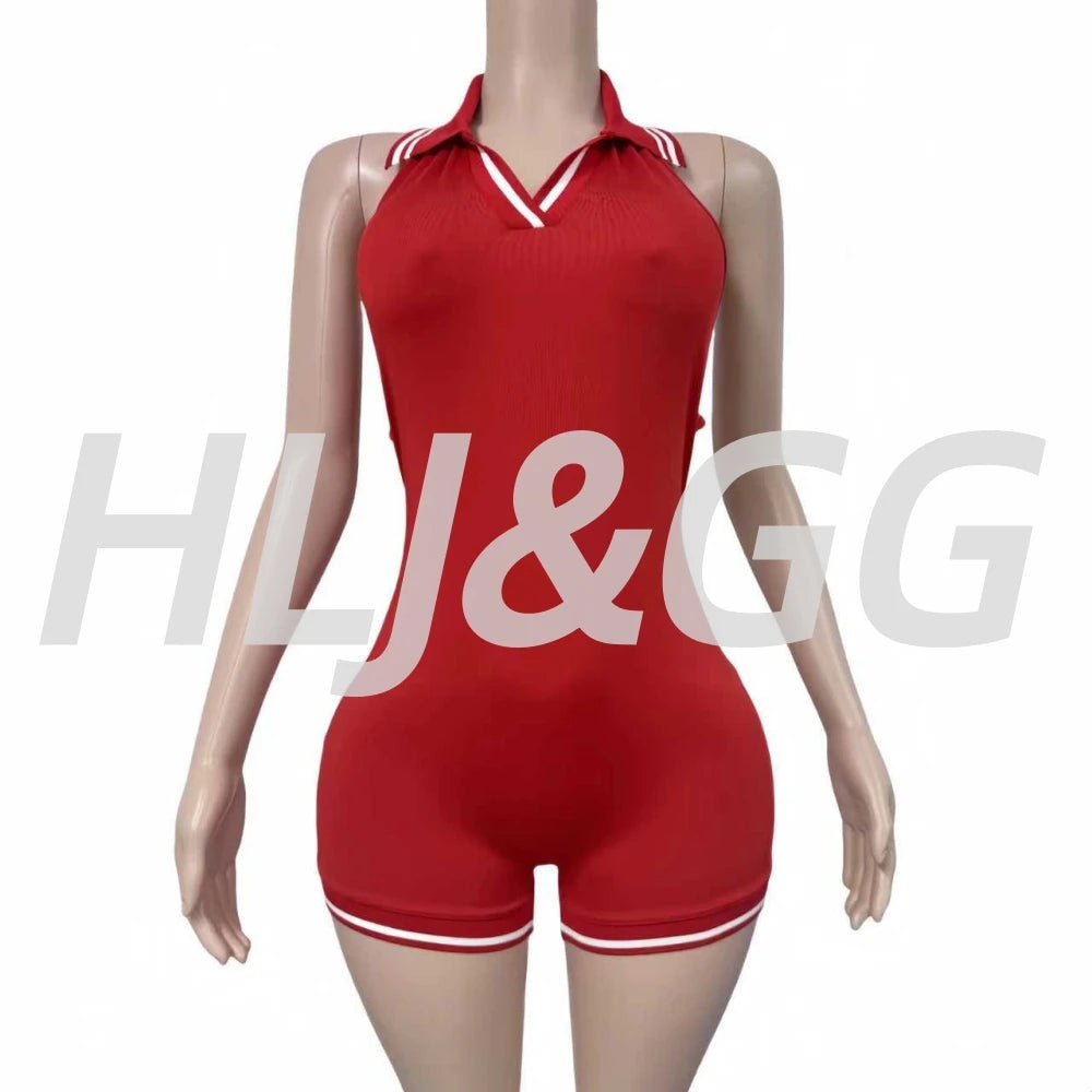 HLJ&GG Summer New Stripe Halter Lapel One Piece Rompers Women Sleeveless Backless Bodycon Jumpsuits Sexy Stretchy Overalls 2025