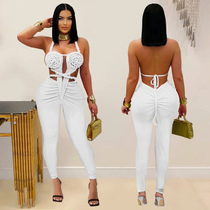 Trenty Sexy Women Halter Neck Knit Ribbed Ruched Stacked Jumpsuits Summer Vacation Beach Romper Playsuit One Piece Set Outfits