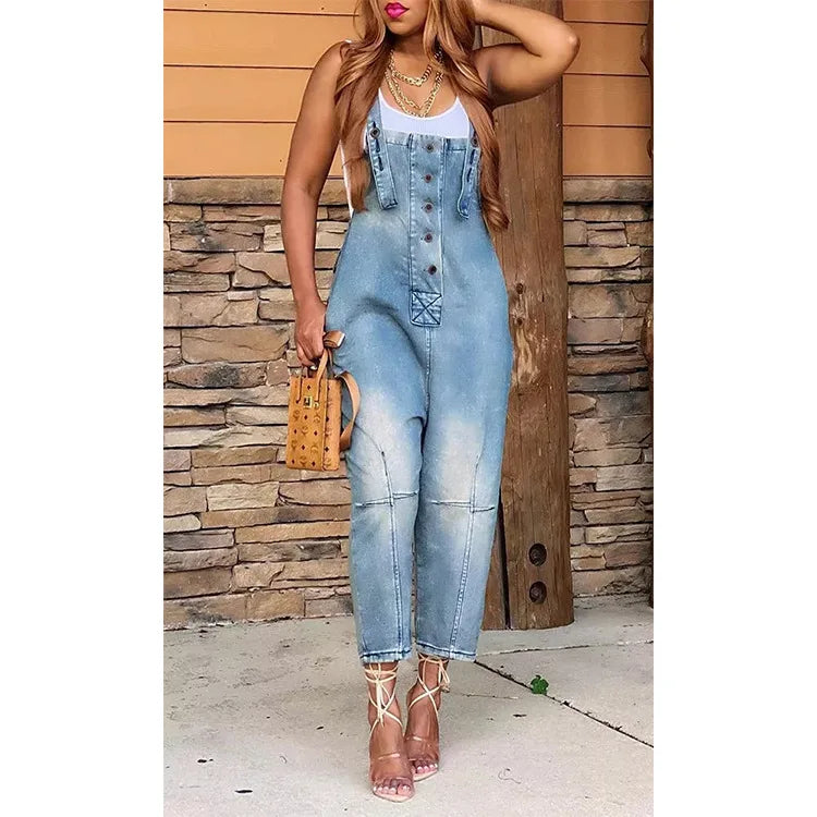 Women One Piece Jumpsuits Denim Pants Overalls Sleeveless Straight Trousers Spliced Rompers Casual Office Ladies Autumn
