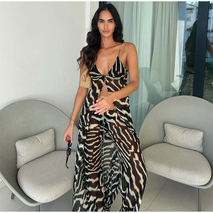 Women's Zebra Print Sheer Chiffon 2 Piece Set V-Neck Slip Tank Top Wide Leg Pants Casual Vacation Chic Outfits