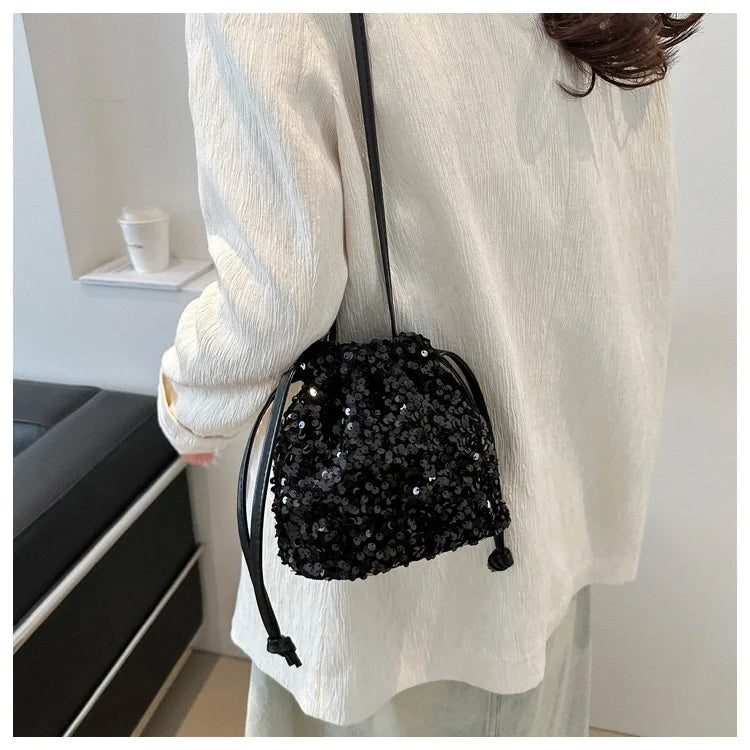 Shiny Sequin Drawstring Shoulder Bags for Women, Mini Crossbody Purse ,Sparkly Evening Handbag Suitable for Party Night Out