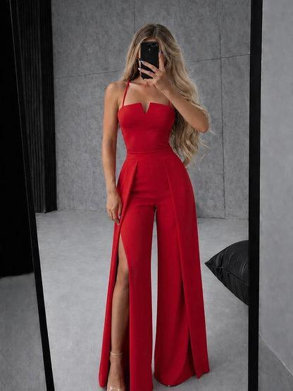 Commute Sling Jumpsuits Women Square Neck High Waist Split Solid Jumpsuit Female 2026 Summer New Fashion Soft Streetwears Lady