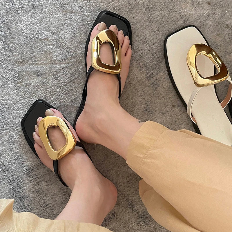 New In 2025 Luxury Women Slippers Summer Beach Fashion Metal Flip Flops Female Slides Slippers Ladies Flats Sandals Shoes