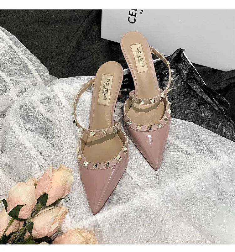Heeled Sandals Summer Luxury Brand Rivets Women Slippers Fashion Leather Slingbacks Heels Slippers Designer Party Prom Shoes