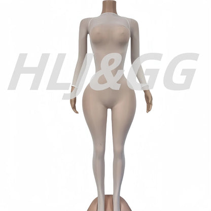 HLJ&GG Sexy Mesh See Through Bodycon One Piece Jumpsuits Women O Neck Long Sleeve Stretchy Overall Lady Party Clubwear Playsuits
