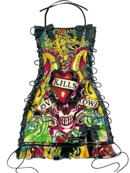 Halter Printed Y2k Line Up Wacky Contrast Dress Women Gothic Party Sexy Hollow Bandage Halloween Makeup Dresses Outwear LX61