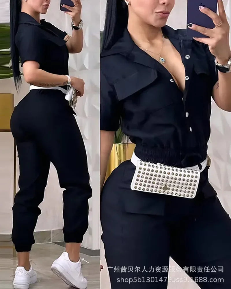 Short Sleeve Pocket Design Cuffed Cargo Jumpsuit Women Summer Solid Color Playsuits Jumpsuits Pants High Waist