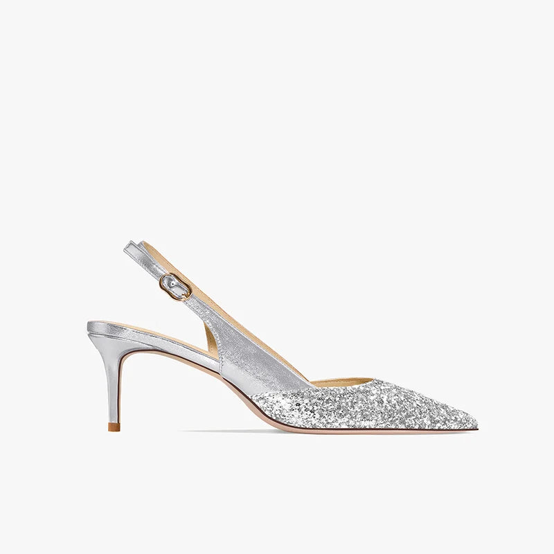 2025 New Summer Luxury Heeled Sandals Gold Sequins Back Strap Pointed Toe Stiletto Pumps Elegant Comfortable Prom Women's Shoes
