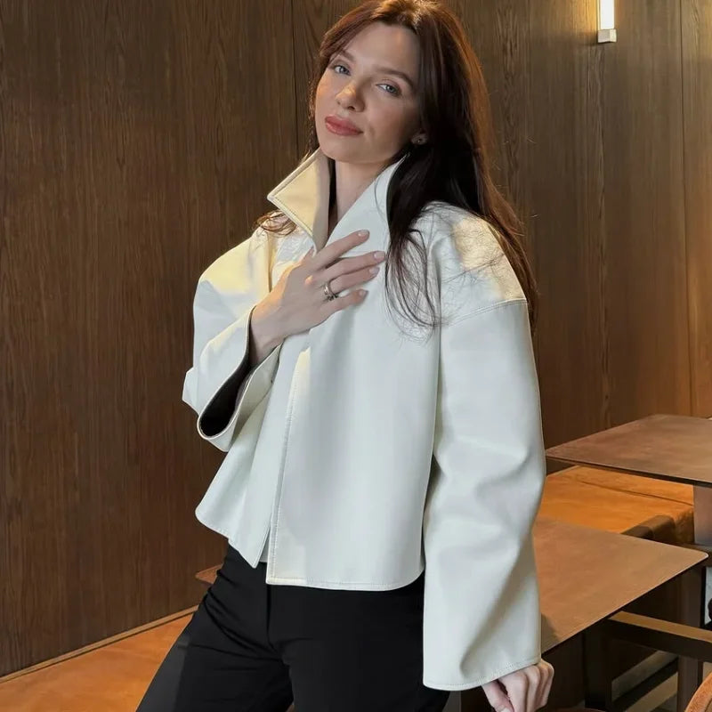 Women Cropped PU Leather Jacket Stand Collar Wide Flare Sleeve Asymmetrical Wrap Open Front Coat 2026 Autumn Chic Loose Jackets